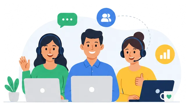 Equipo remoto de atención al cliente, tareas administrativas y ventas trabajando con portátiles y auriculares